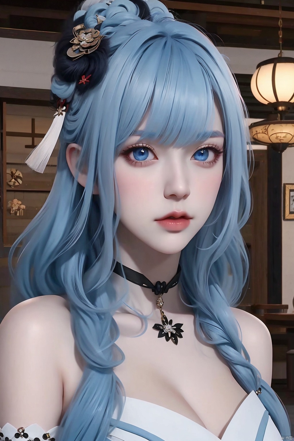 1girl
solo
long hair
breasts
looking at viewer
bangs
blue eyes
hair ornament
dress
closed mouth
blue hair
standing
white hair
alternate costume
choker
indoors
hair over one eye
black dress
lips
pale skin
photo background
shenhe \(genshin impact\)


