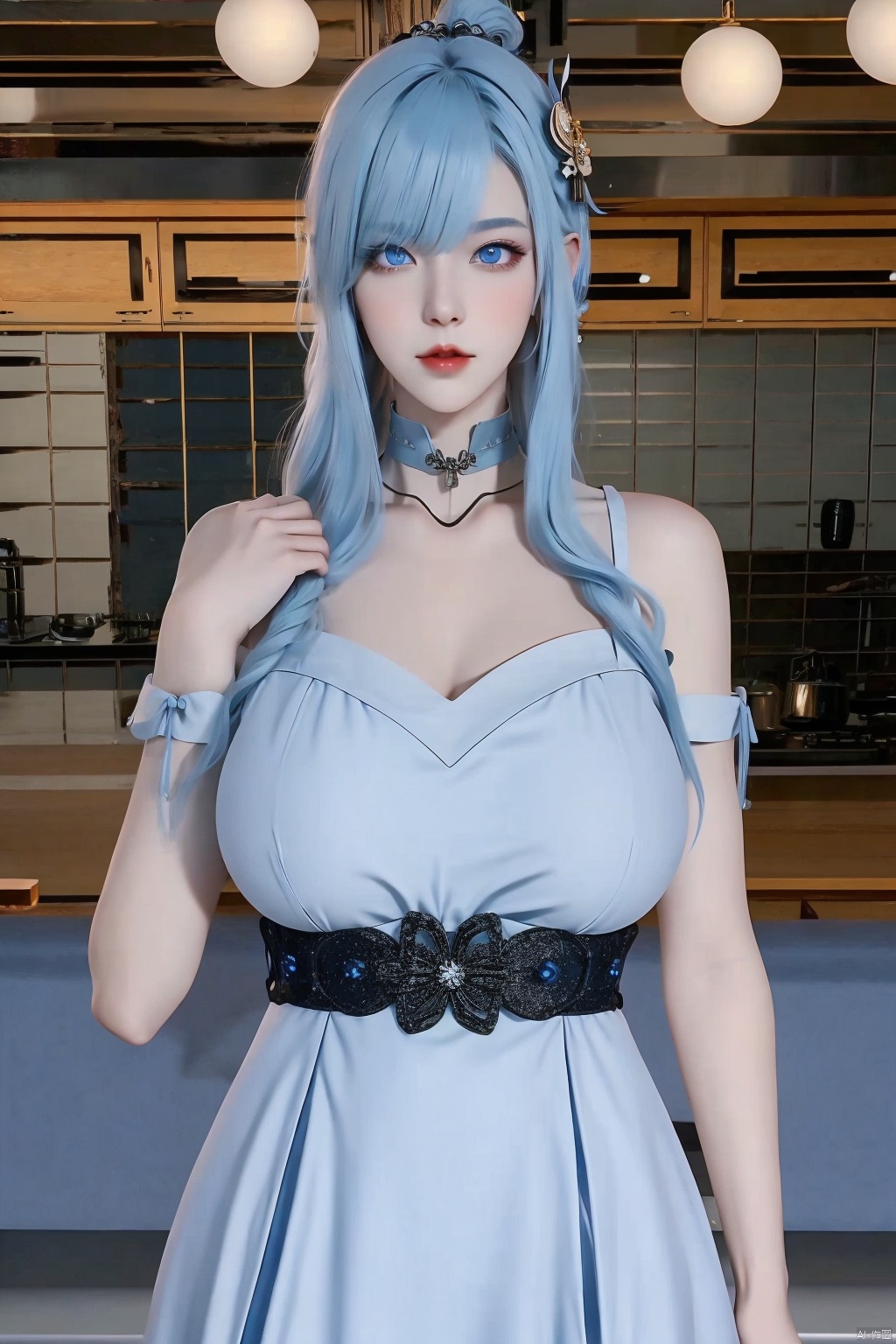 1girl
solo
long hair
breasts
looking at viewer
bangs
blue eyes
hair ornament
dress
closed mouth
blue hair
standing
white hair
alternate costume
choker
indoors
hair over one eye
black dress
lips
pale skin
photo background
shenhe \(genshin impact\)

