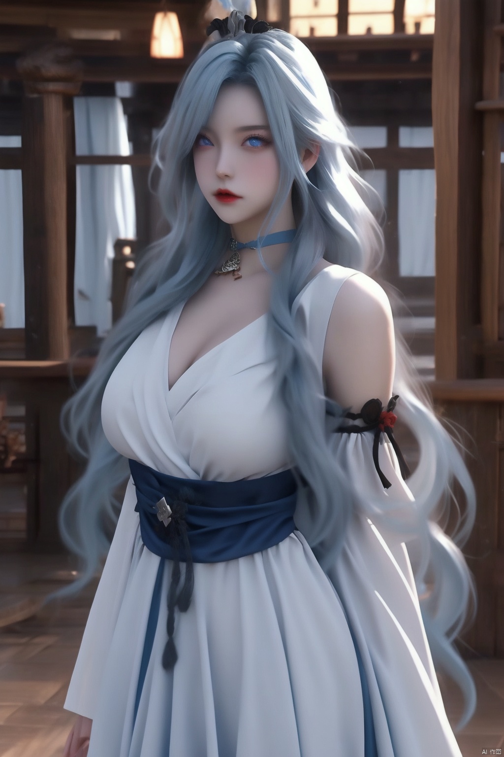 1girl
solo
long hair
breasts
looking at viewer
bangs
blue eyes
hair ornament
dress
closed mouth
blue hair
standing
white hair
alternate costume
choker
indoors
hair over one eye
black dress
lips
pale skin
photo background
shenhe \(genshin impact\)

