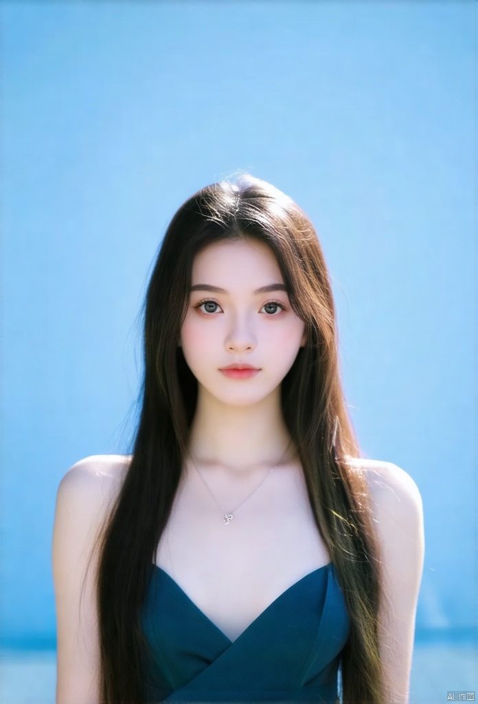 A girl, Photography, Aesthetic, Straight face, Bust, Facing the audience, A clean background, Light blue background
