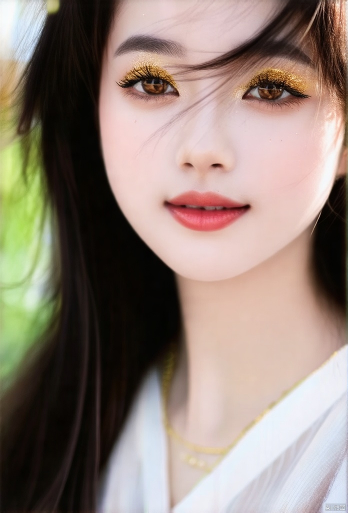 Here is a descriptive prompt based on your passage: Render a portrait of a asian girl with captivating chestnut eyes flecked with gold, framed by delicate eyelashes dancing with every blink. Her petite nose leads to soft, rosy lips inviting approachability and a radiant smile revealing pearly white teeth.