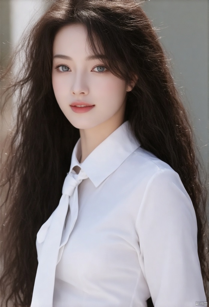 A stunning 8K CG image of a beautiful Korean girl, perfectly framed in a cinematic shot. The subject, with long, curly hair and ample bosom, stands confidently, gazing directly at the viewer. Her flawless face is illuminated by movie-style lighting, with subtle highlights accentuating her porcelain skin. A white shirt with a high collar and necktie add a touch of sophistication to her ensemble. Her eyes, a mesmerizing shade of blue, sparkle with a playful smile, as she leans forward slightly, exuding an irresistible charm. The overall composition is flawless, with a focus on the girl's perfect physique, showcasing her slender waist and toned features. The image is truly a masterpiece, with a level of detail and quality that rivals the best in the industry.
