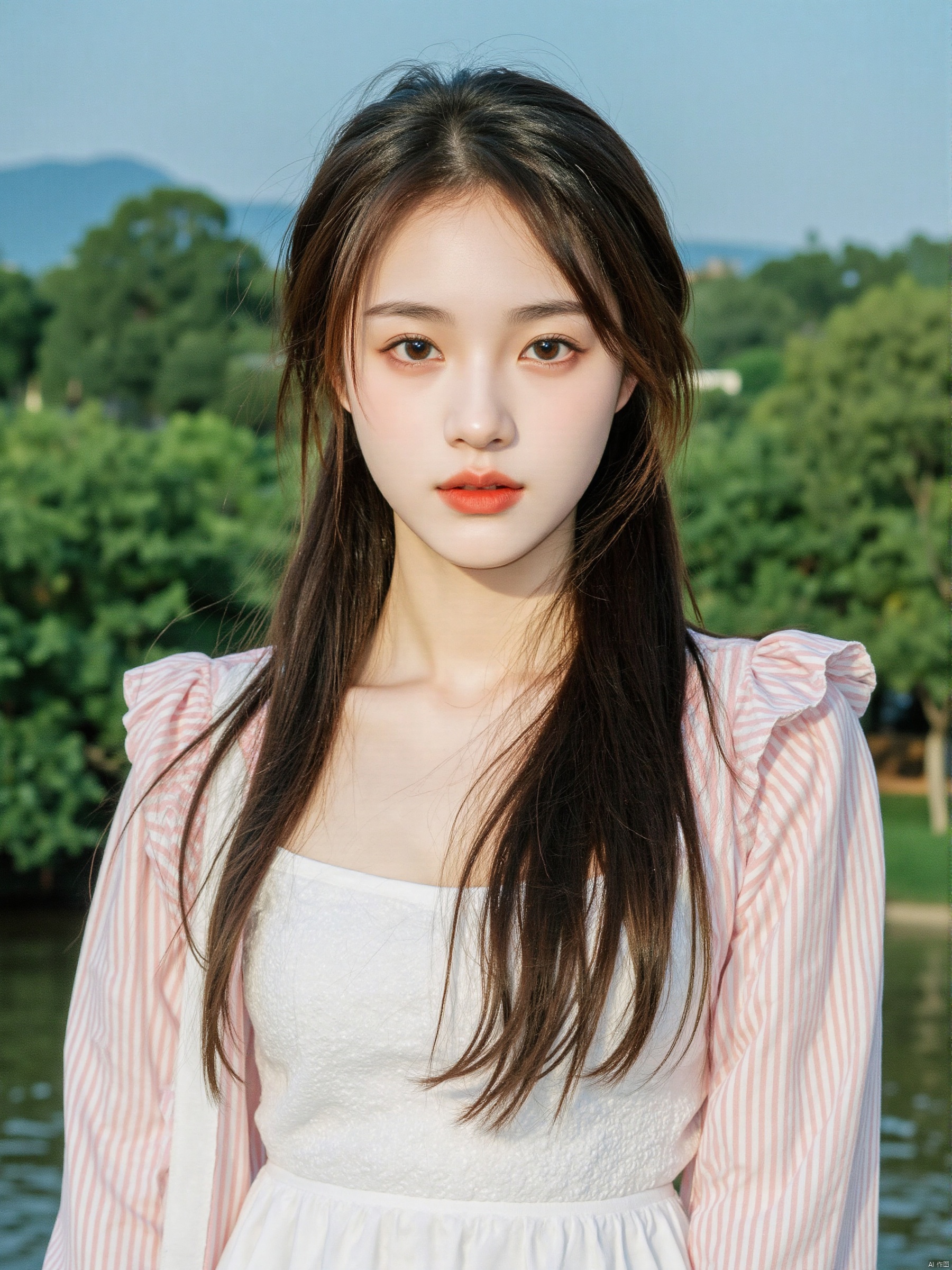 Captured at eye-level on a mobile camera, a young Asian woman with long dark brown hair stands in front of a backdrop of lush green foliage and a body of water. She is wearing a white dress with a pink and white striped shirt over it. Her hair is pulled back in a ponytail, adding a touch of texture to her face. Her eyes are a piercing blue, and her lips are a darker shade of brown. The backdrop is a clear blue sky, and a mountain range can be seen in the distance.