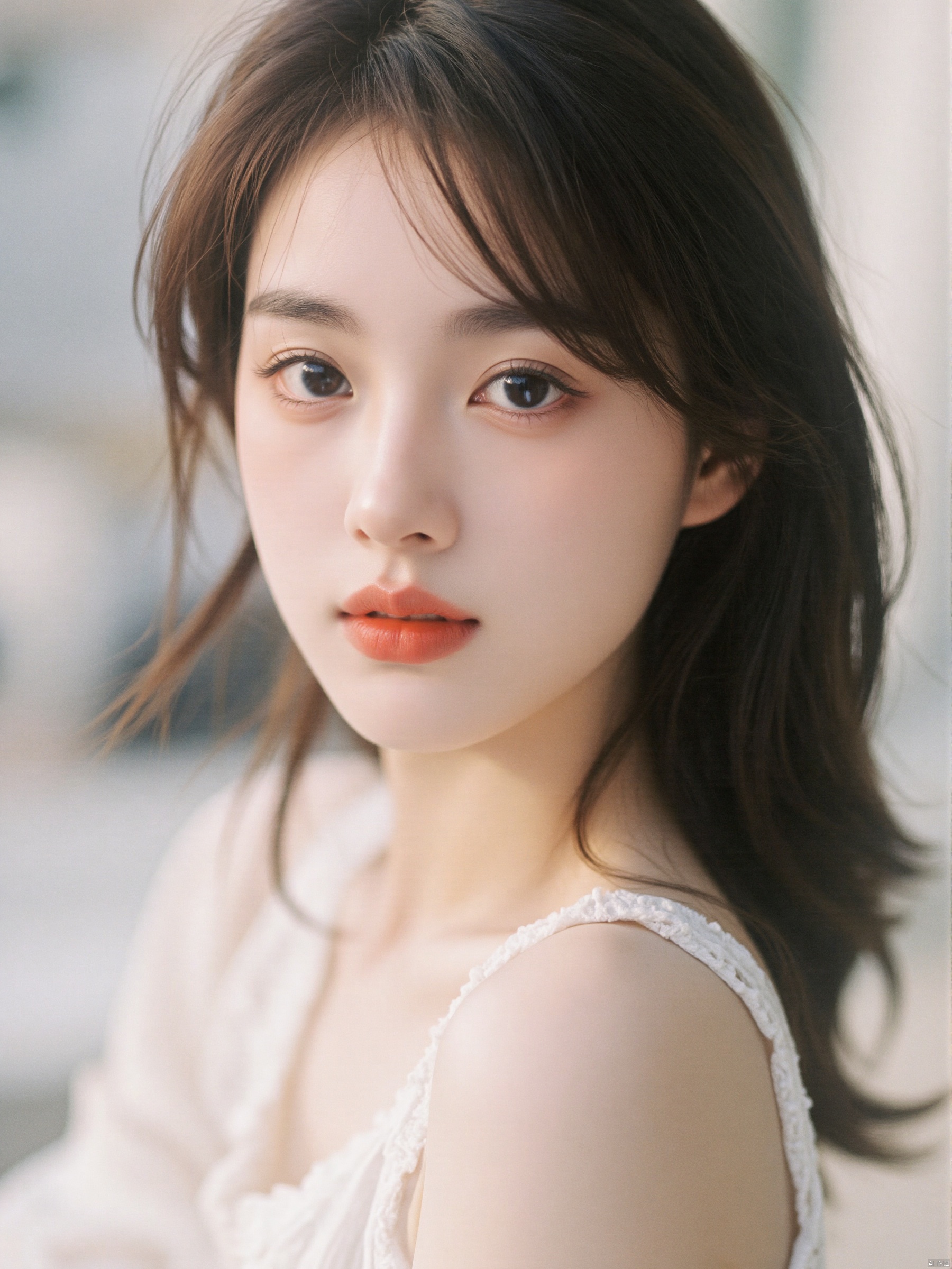 A close-up shot of a young Asian woman with dark brown hair and blue eyes. She is wearing a white **** top and her lips are a vibrant pink. The background is blurred,creating a soft focus on the woman's face.,