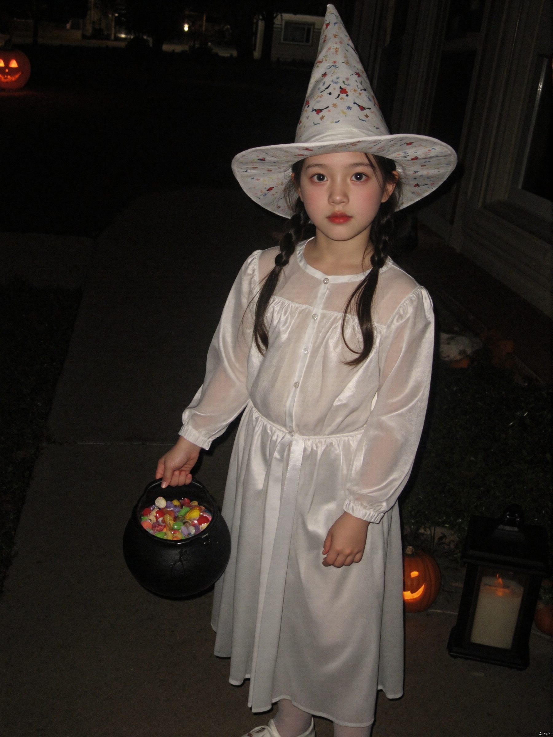 A darkened porch,lit only by a flickering jack-o'-lantern's warm glow,sets the eerie scene as a sweet young girl,dressed in a flowing white costume and matching witch hat. Her eyes sparkle with mischief as she holds out a candy-filled cauldron.,