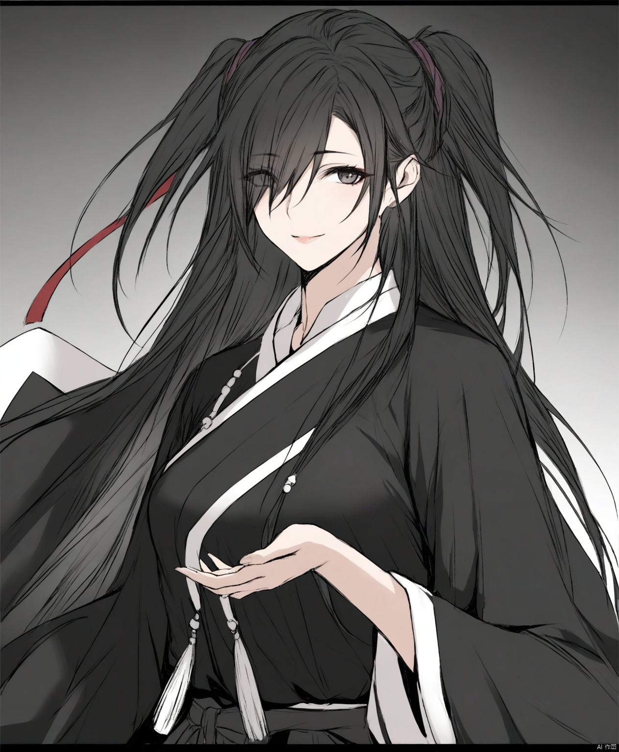 solo,highly detailed,(best quality),((masterpiece)),1girl,simple background,looking at viewer,upper body,ge,hanfu,mi,hair over one eye, smile,black hair,ji