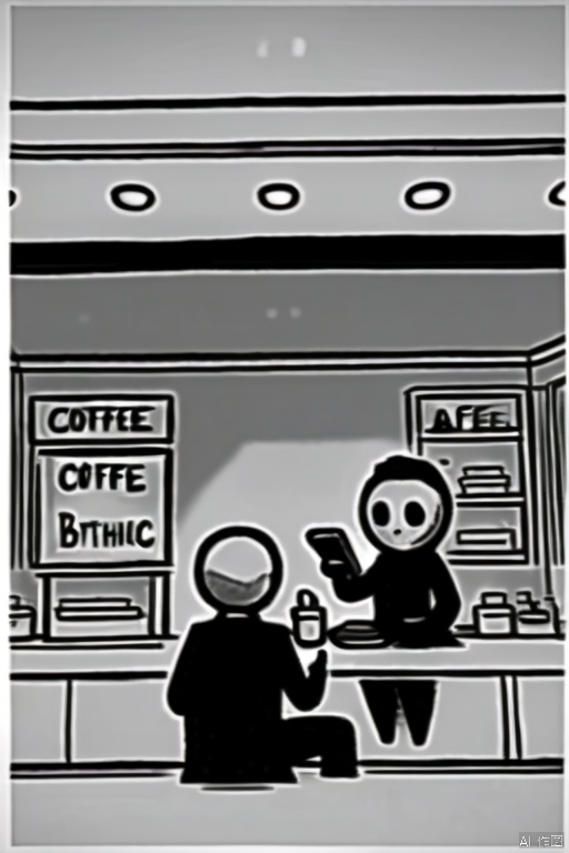 A man is sitting on the bar of a coffee shop playing with his mobile phone. Classical music is playing in the store. A waiter is standing next to him, preparing to bring him coffee, monochrome, Simple