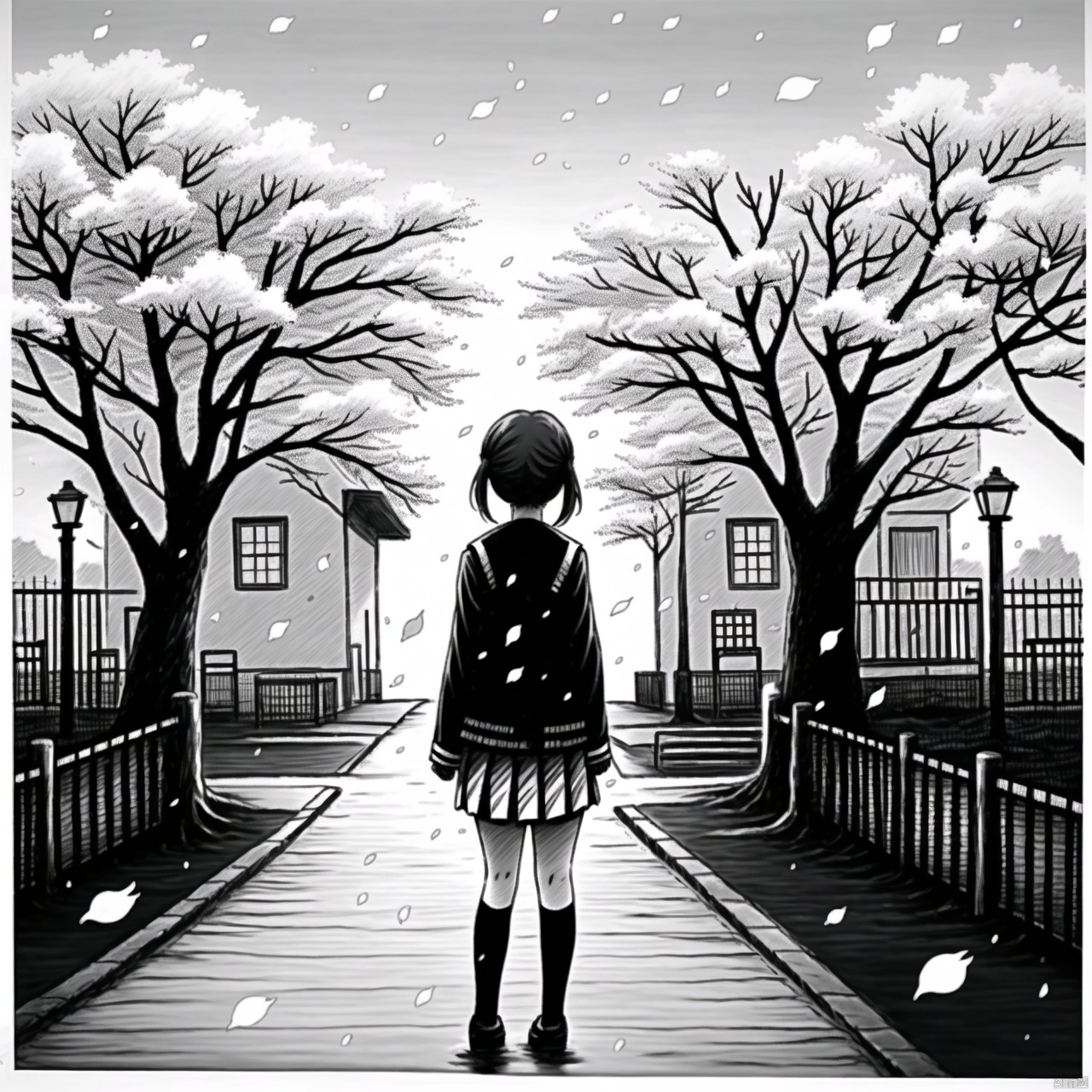 Monochrome, a girl standing under a cherry blossom tree, wearing a Japanese school uniform, gazing at falling cherry blossoms. Soft, diffused lighting creates a serene atmosphere, with gentle shadows enhancing the scene. The composition centers on the girl, framed by the blooming tree and fluttering petals. Her expression is contemplative, adding a poetic and tranquil mood to the image.