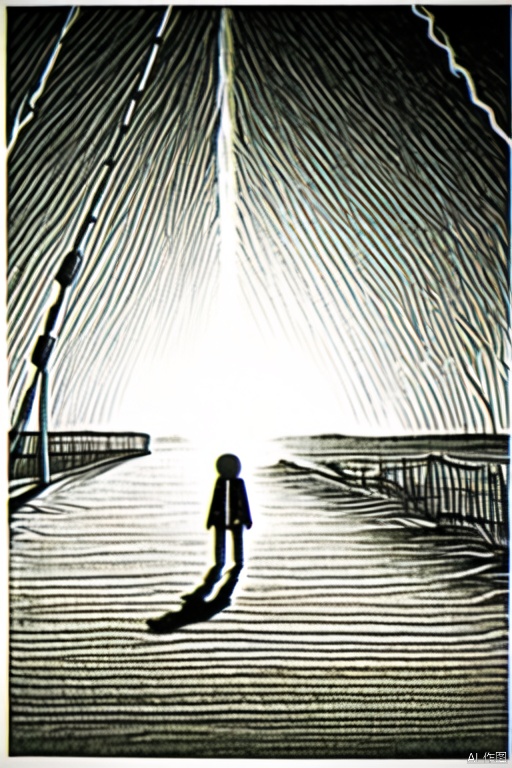 A person stands on an ever-extending road, with the surrounding space fragmented, Simple, monochrome