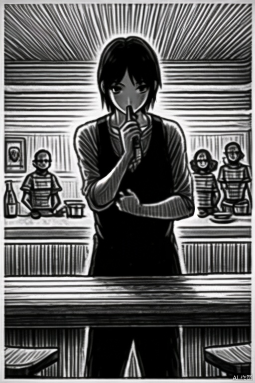 A monochrome, simple scene of a person at a bar counter, meticulously wiping down a wooden surface with a cloth. The lighting is soft and even, casting subtle shadows. The composition centers on the person's hands and the bar counter, with the background slightly blurred. The person's posture is focused and diligent, creating a serene and calm atmosphere.