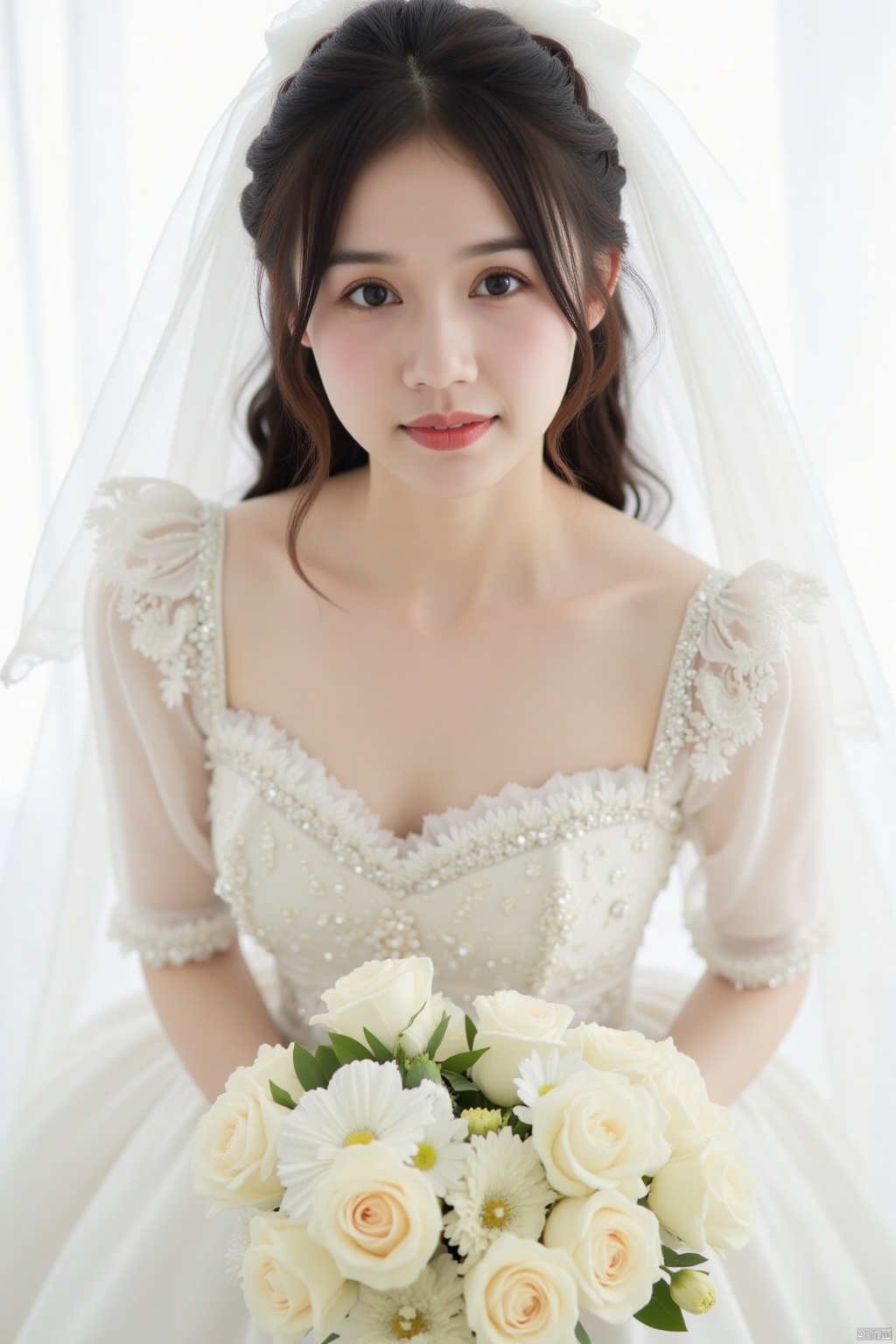 best quality, masterpiece, cowboy_shot,(Good structure), DSLR Quality,Depth of field,kind smile,looking_at_viewer,Dynamic pose, , 1girl, dreamy scene, white background, front viewer, looking at viewer, Flowers, romantic, Bride, UHD, 16k ,long hair,,floral print,kind smile,