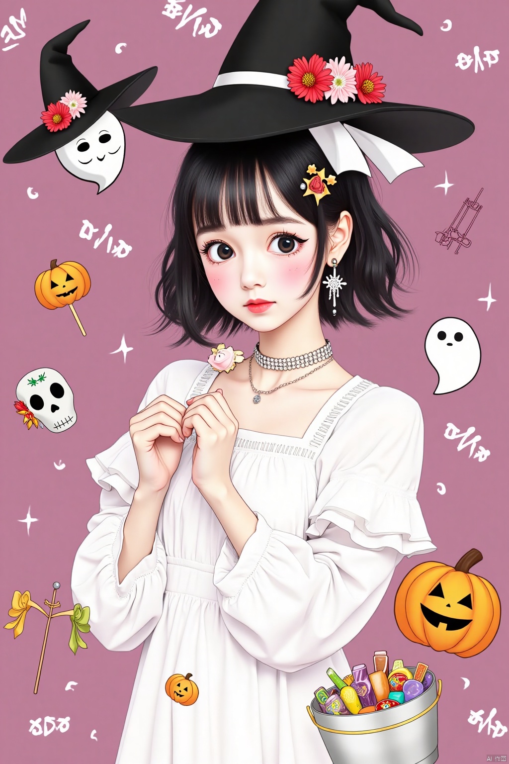 1girl, solo, looking at viewer, blush, short hair, bangs, black hair, hair ornament, long sleeves, hat, dress, holding, jewelry, upper body, flower, earrings, parted lips, food, hair flower, medium hair, white dress, black eyes, black headwear, makeup, witch hat, red flower, candy, pink flower, halloween, skull, ghost, jack-o'-lantern, red lips, witch, pumpkin, orange flower, halloween bucket