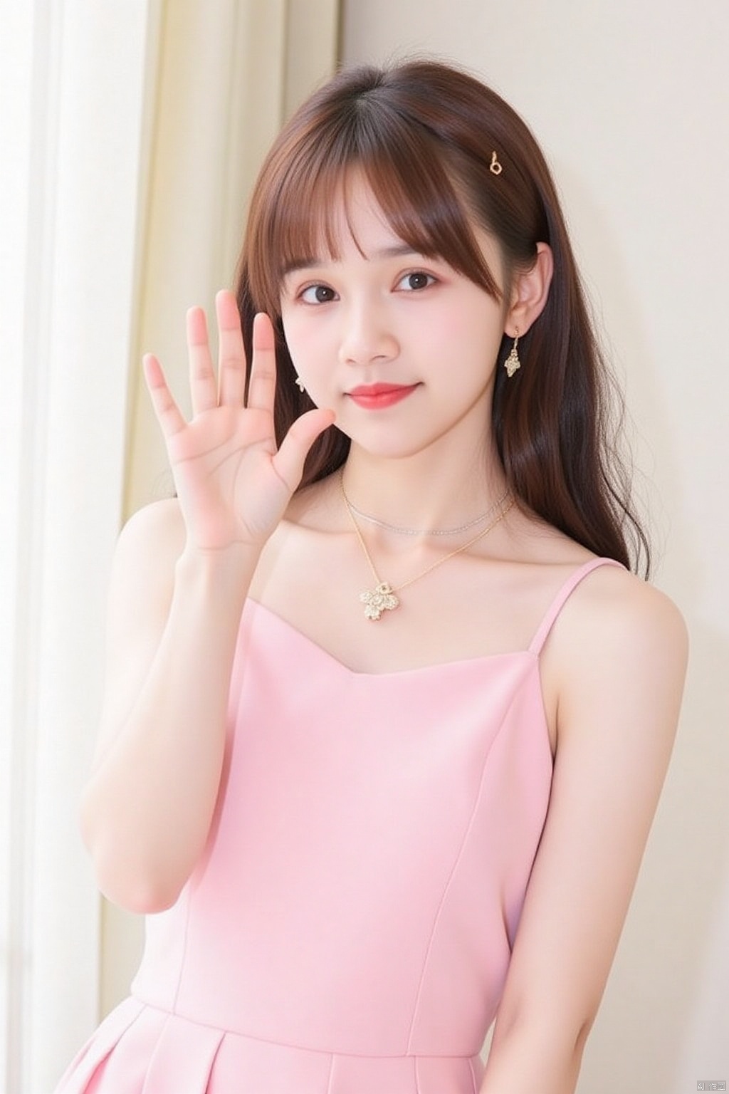 1girl, solo, long hair, looking at viewer, smile, brown hair, black hair, jewelry, closed mouth, earrings, pink dress