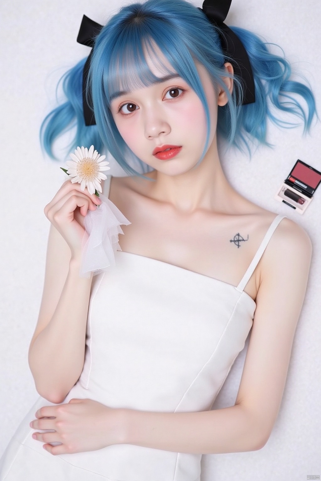 1girl, solo, looking at viewer, bangs, red eyes, dress, bow, holding, bare shoulders, closed mouth, blue hair, flower, hair bow, lying, sleeveless, white dress, black bow, tattoo, makeup, hair intakes, on stomach, cosmetics, lipstick tube