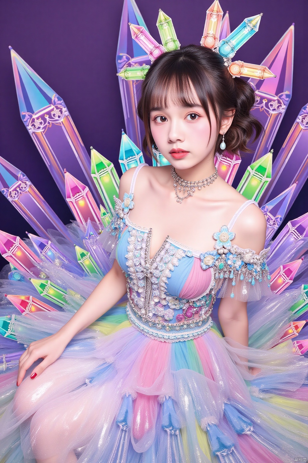 (Masterpiece), (Best quality), Extremely detailed, illustration, ((1girl)), (crystal dress),(colorful crystal),(colorful gradient hair:1.2), crystal headdress, crystal necklace, (body crystal), crystal shops, sitting posture,(colorful crystals),(transparent crystal),Crystal decoration, A crystal pendant,Crystal necklace,(colorfulhair:1.2),(Colorful dresses),High chiaroscuro, (huge crystal background), (colorful themes)