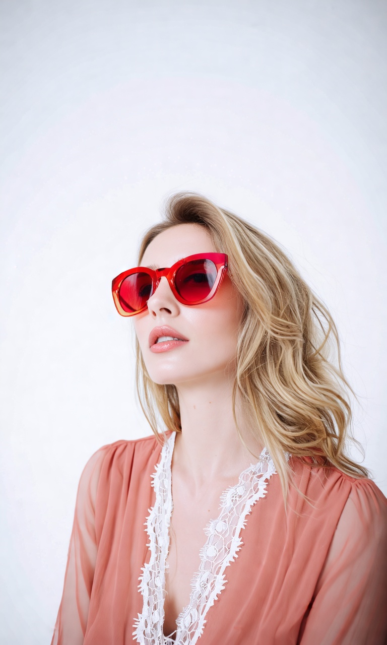 A close-up portrait of a woman with blonde hair cascading over her shoulders,  wearing vibrant red-tinted sunglasses. Her...
