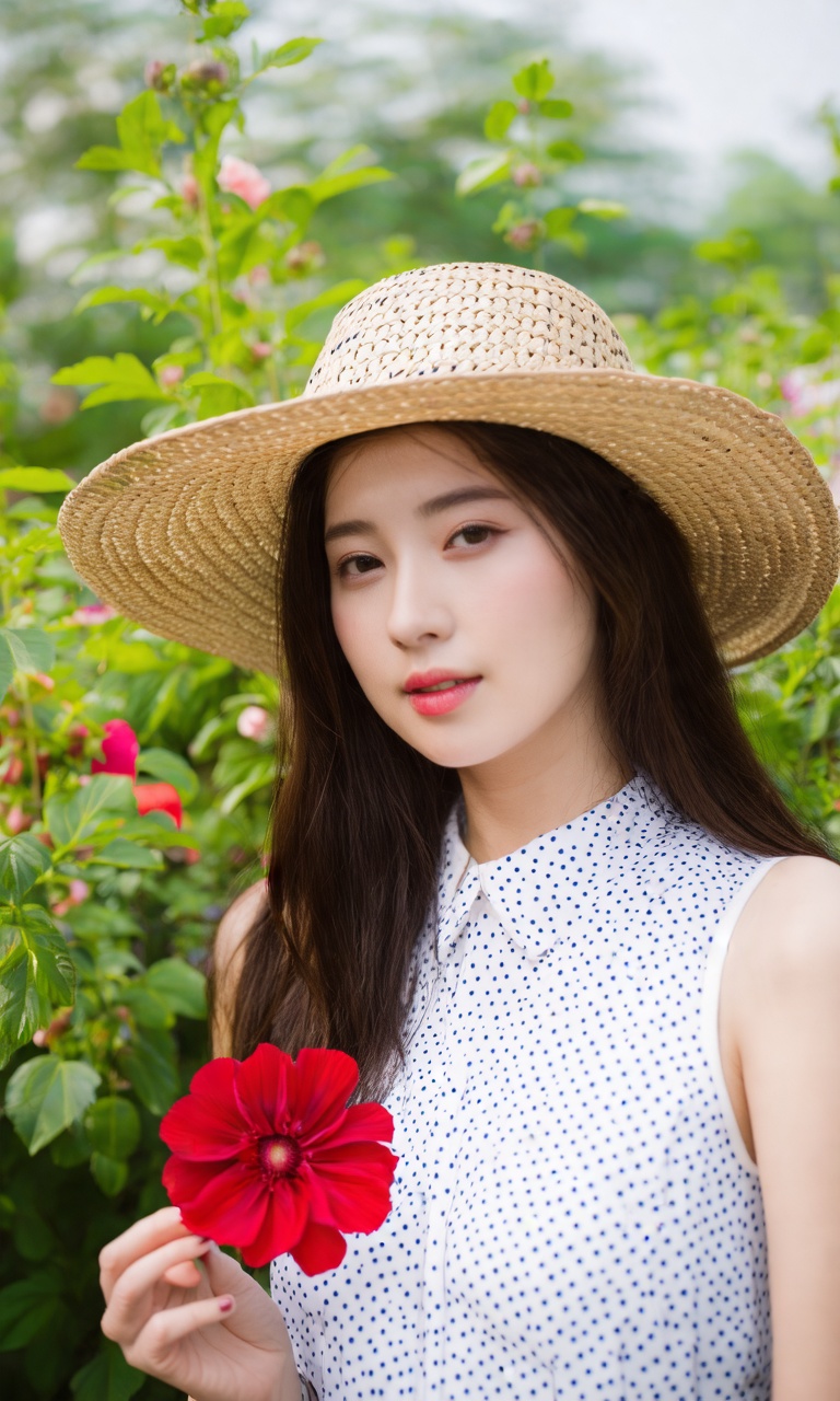 Fujifilm\(hubggirl)\,  a close-up shot captures a young Asian woman with long dark brown hair,  wearing a straw hat adorne...