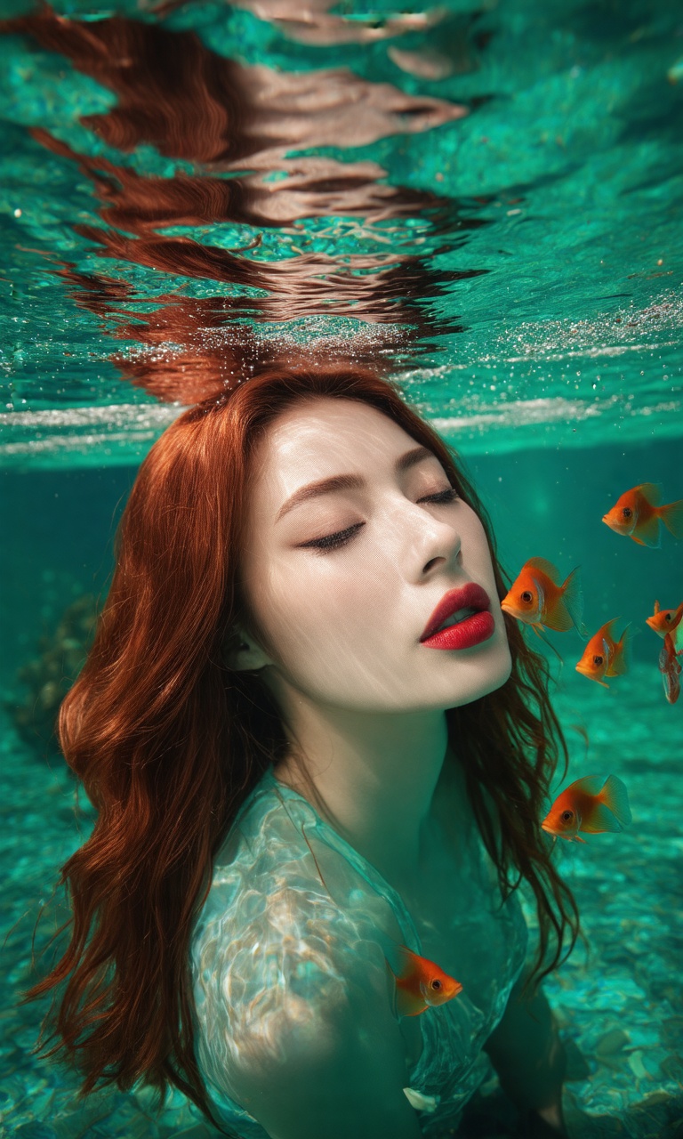 Create a mesmerizing close-up portrait of a beautiful AMBER RED orchid submerged underwater. Her long,  suave waves are a...