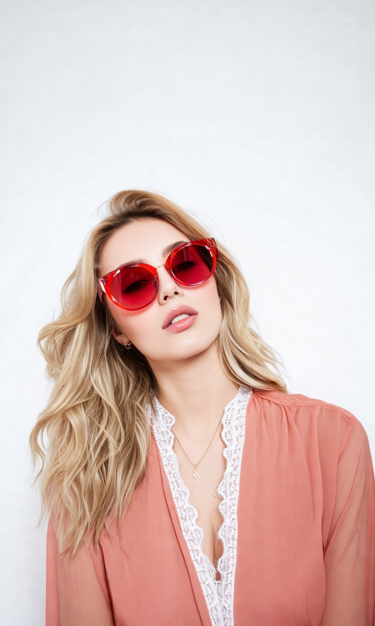 A close-up portrait of a woman with blonde hair cascading over her shoulders,  wearing vibrant red-tinted sunglasses. Her...