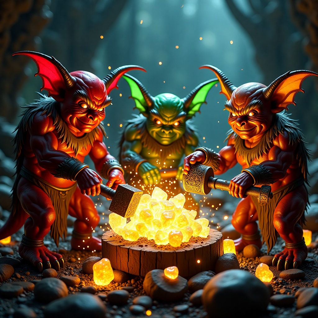 cinematic,  dramatic ligthing,  three imps of varying sizes and colors (red on Tensor.Art
