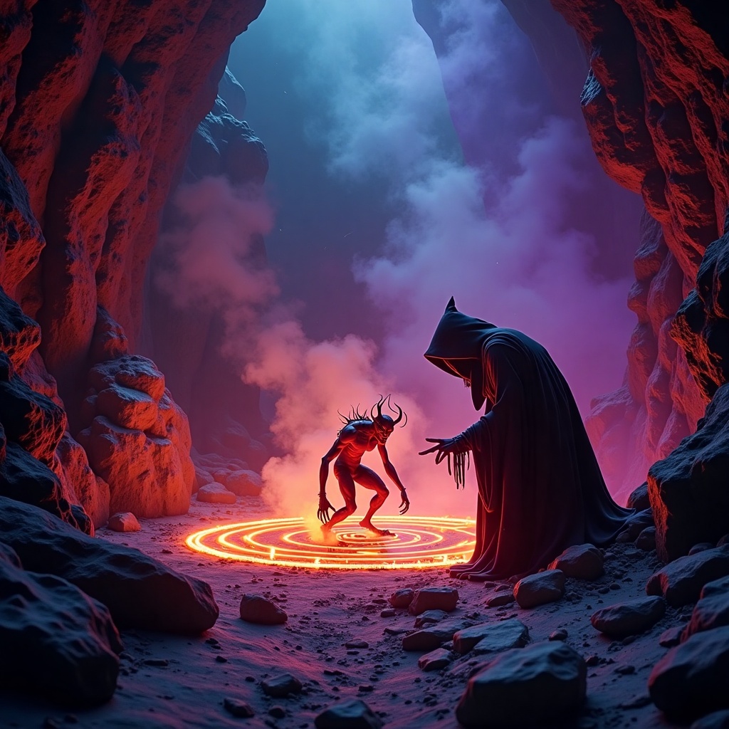 cinematic,  dramatic ligthing,  a red and black imp emerging from a glowing summoning circle on Tensor.Art