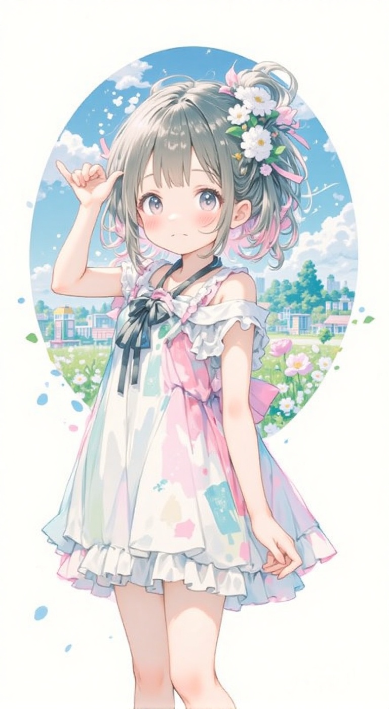 Whimsical illustration of a sweet-faced girl wearing an off-shoulder dress with frilly details and a ribbon tied around he...