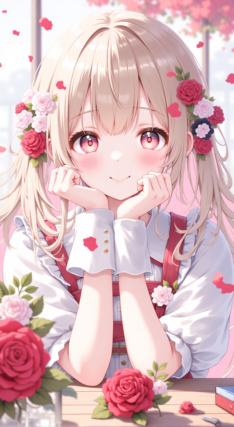 A girl with two-tone hair spreads her long hair out and wears a dress with puffy sleeves. She looks at the viewer with her...