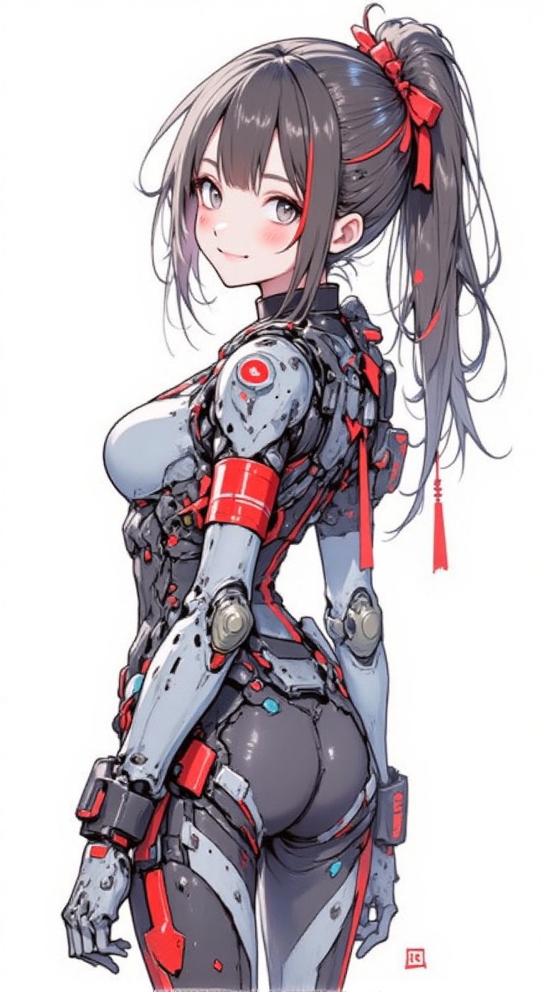 The Mecha Girl is depicted in a rough sketch style wearing a skin-tight suit,  smiling as she turns to face the viewer. Th...