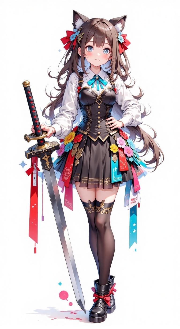 a cartoon girl with long brown hair and blue eyes stands in front of a white backdrop. She is dressed in a black corset,...