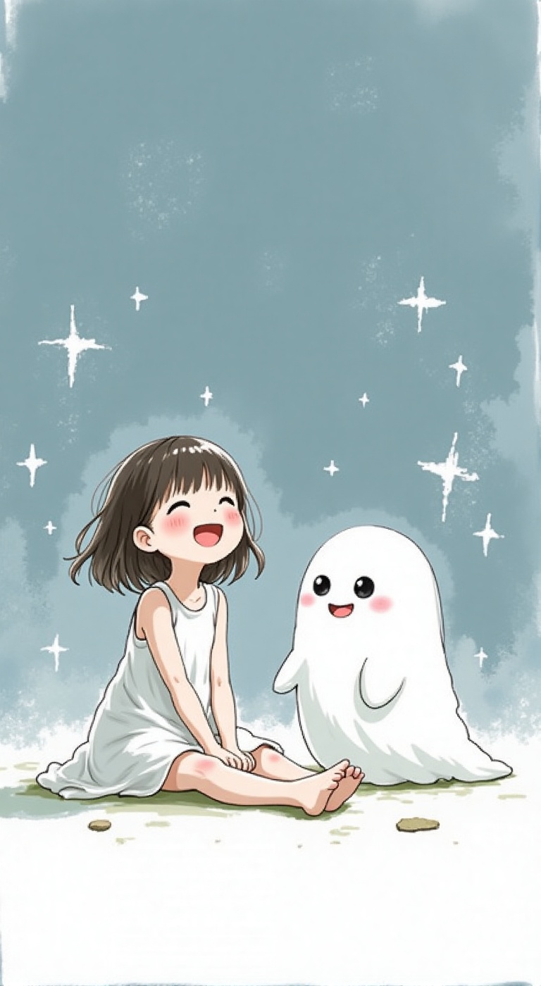 The ghost of a cute girl is wearing a thin white dress painted with rough touches. Next to her is a fluffy white ghost. Th...