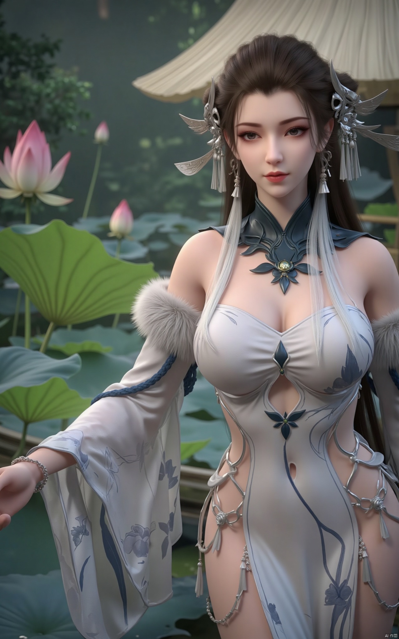 masterpiece,(best quality),official art, (1girl), (solo), ((looking_at_viewer)),(huge breasts:2.39),(full breasts:1.99),Xzhaoliner,(Lotus pond, lotus:1.52),Xruoshui,Xlongnv,Xbaiyijun,XyunluoH,XyunluoX,Xyiwenjun