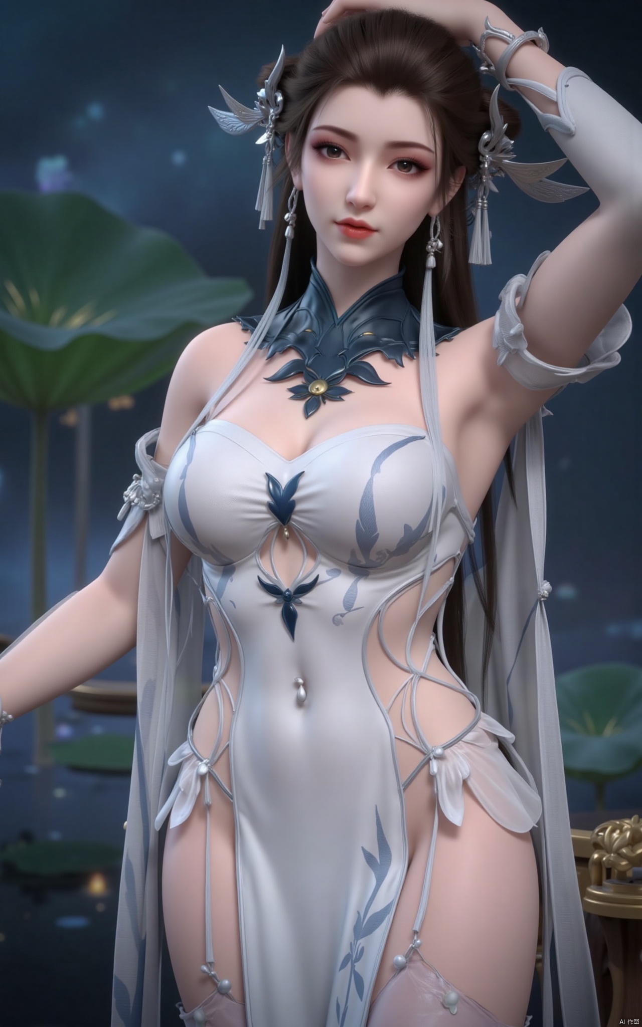 masterpiece,(best quality),official art, (1girl), (solo), ((looking_at_viewer)),(huge breasts:2.39),(full breasts:1.99),Xzhaoliner,(Lotus pond, lotus:1.52),Xruoshui,Xlongnv,Xbaiyijun,XyunluoH,XyunluoX,Xyiwenjun