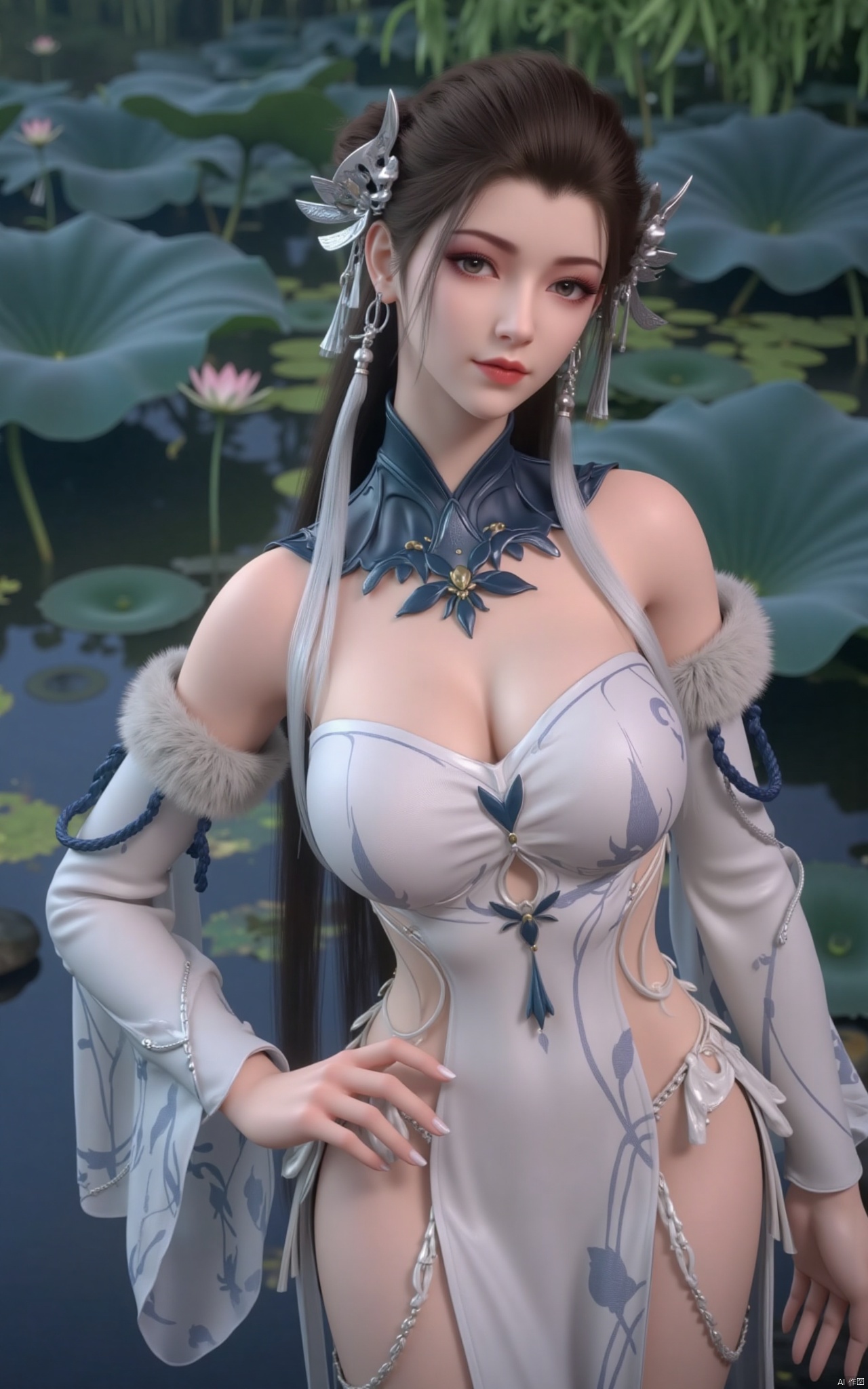 masterpiece,(best quality),official art, (1girl), (solo), ((looking_at_viewer)),(huge breasts:2.39),(full breasts:1.99),Xzhaoliner,(Lotus pond, lotus:1.52),Xruoshui,Xlongnv,Xbaiyijun,XyunluoH,XyunluoX,Xyiwenjun