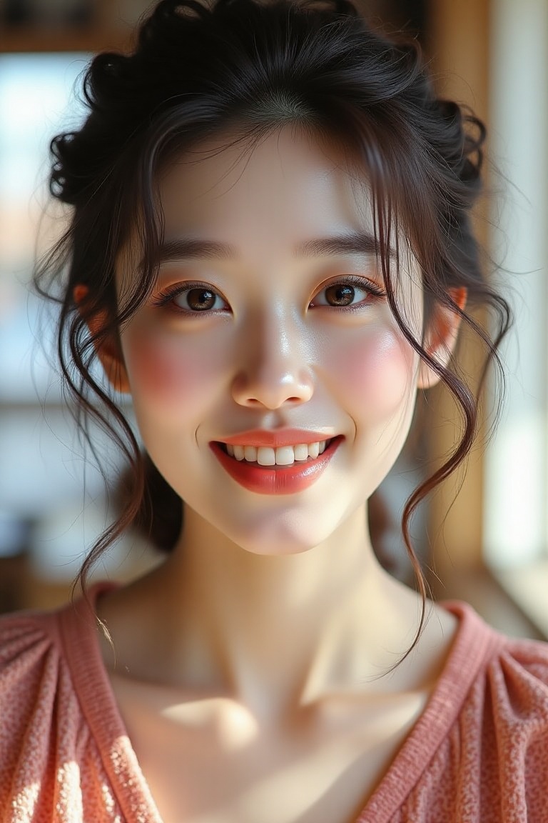 In a lively,  sunlit café,  a charming young woman gazes candidly at the camera on Tensor.Art