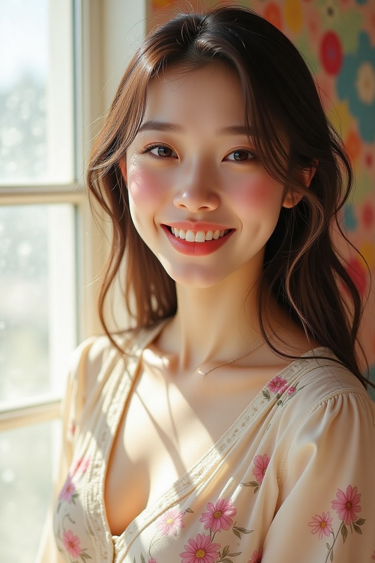 In a brightly lit room adorned with vibrant,  pastel-colored decor,  a confident woman exudes warmth and charm as she stan...