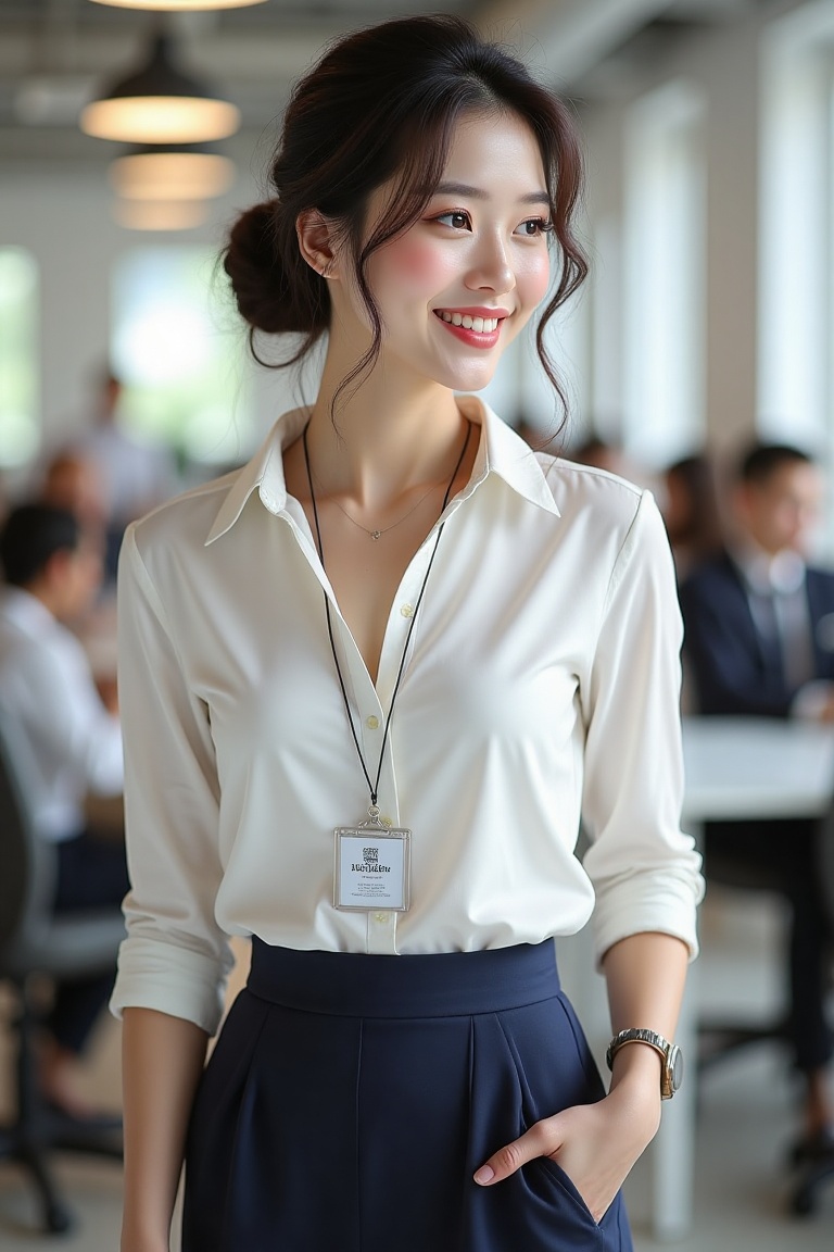 In a bustling office environment,  a stunning woman stands confidently,  showcasing her beauty and poise. She wears a cris...