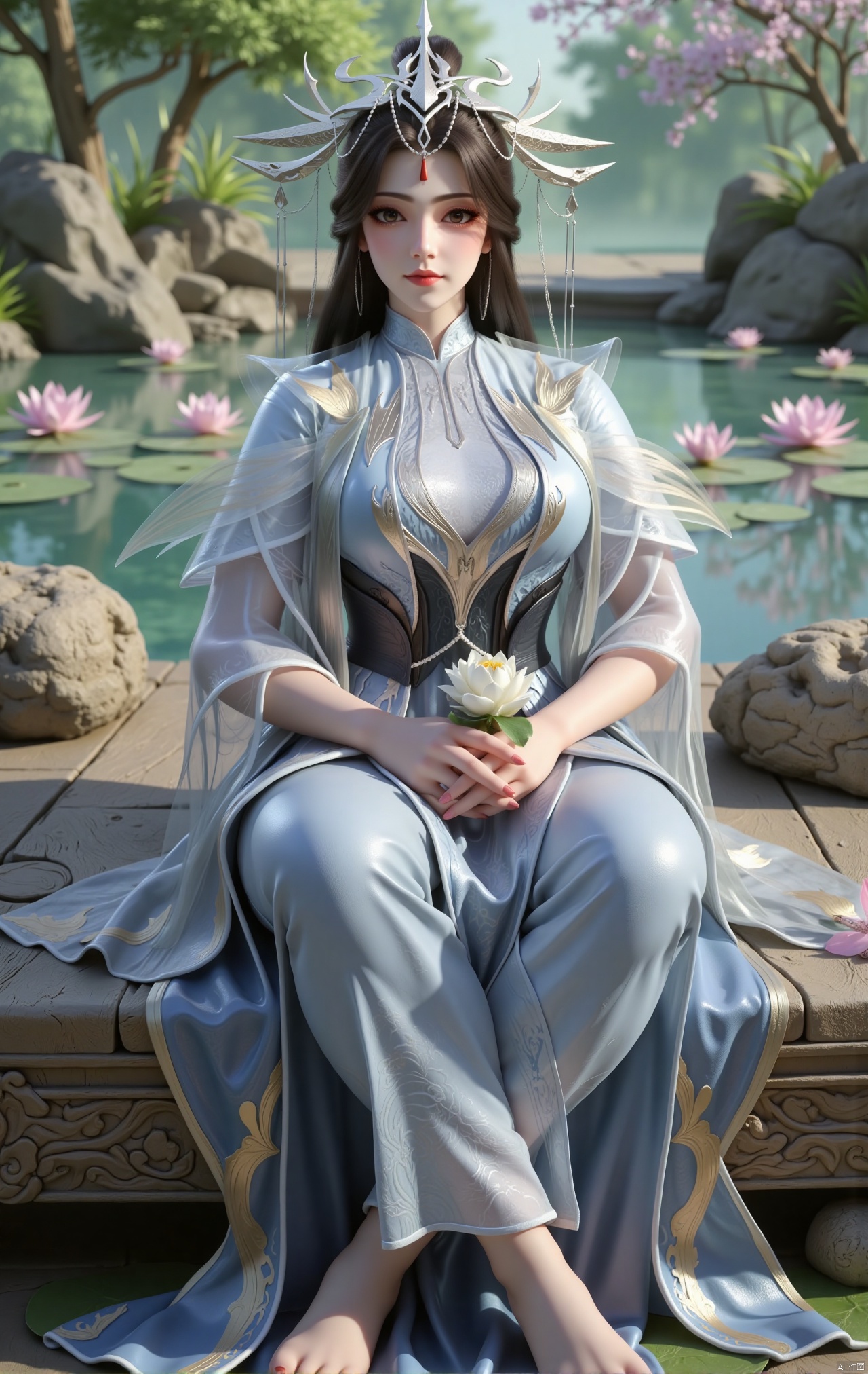  masterpiece,1girl,black hair,(Sitting by the lotus pond in the garden:1.3),(hanfu dress:1.3),black eyes,beautiful face,short sleeves,holding flower,looking at viewer,(huge breasts:2.79),(full breasts:1.99),Xzhaoliner,Xyaoxi,Xsulingyun,XyunluoX,Xhenrendadi,Xlannuo,Xlongnv,Xruoshui,XyunluoH,Xyuzimo,Xliuyue,Xlimuwanx,Xhongdie,Xyanqingcheng,Xqinghe,XyunxiX,XshengcaierX,Xdacishuwang,Xzhukeer,Xqinghanfu,Xyupopo