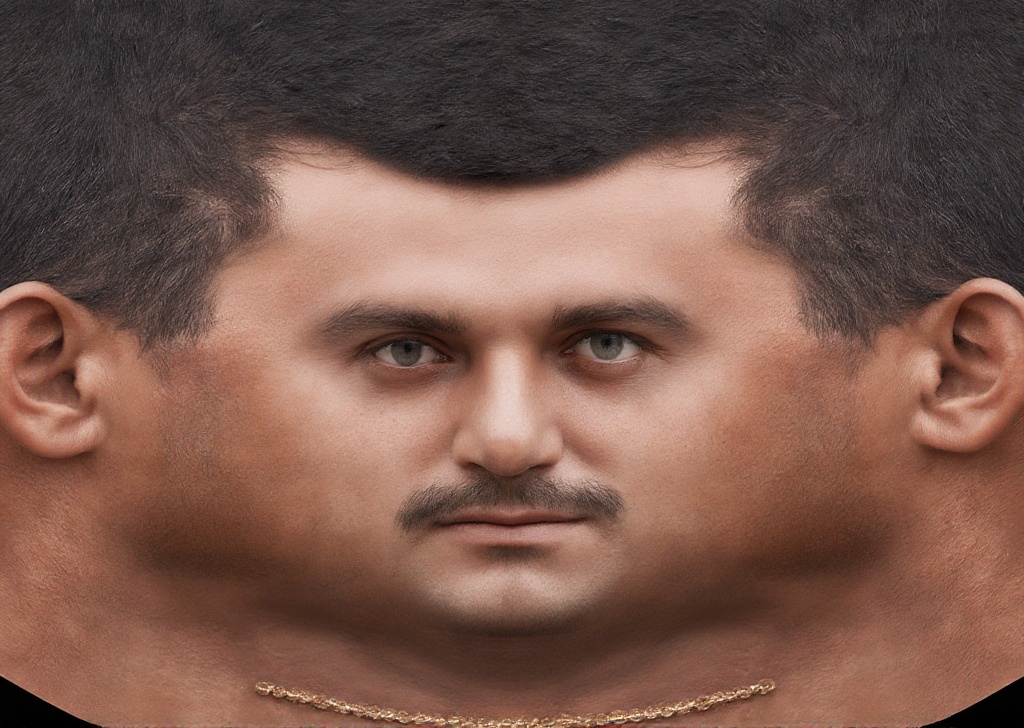 a dark haired man with a tiny mustache. his face is clearly visible in uv_unwrapp3d_h34d,  her face is clearly visible on...