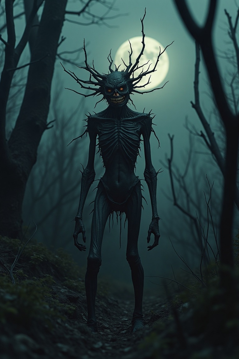 A surreal landscape with a twisted,  thorny creature standing in the foreground. The creature has a wide,  unsettling smil...