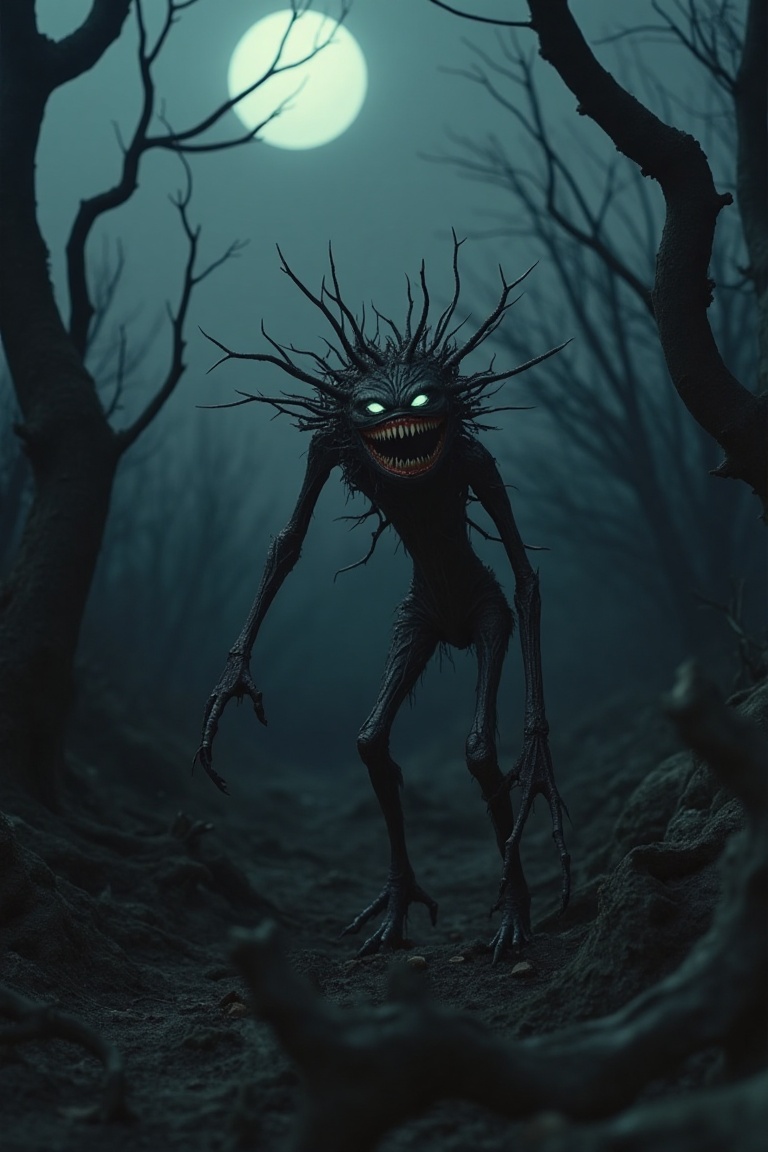 A surreal landscape with a twisted,  thorny creature standing in the foreground. The creature has a wide,  unsettling smil...