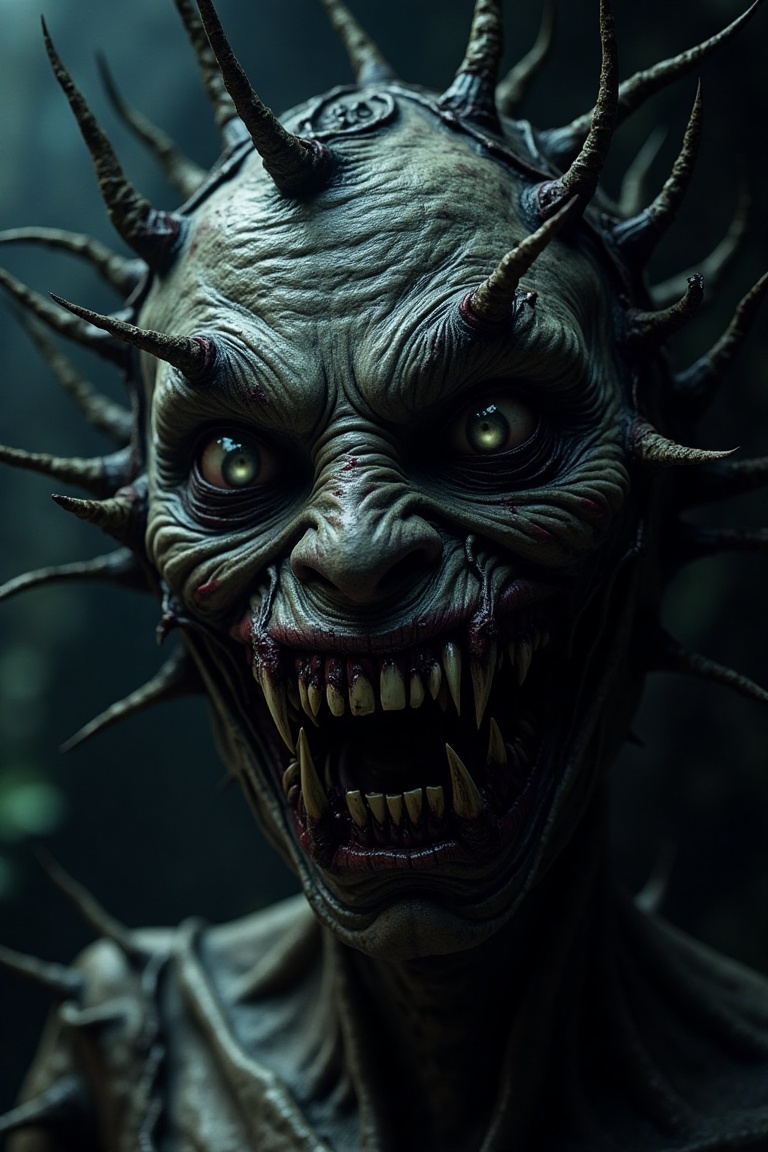 A super close-up shot of a creepy,  thorny creature's face. The creature has a twisted,  unsettling smile and eerie on Ten...