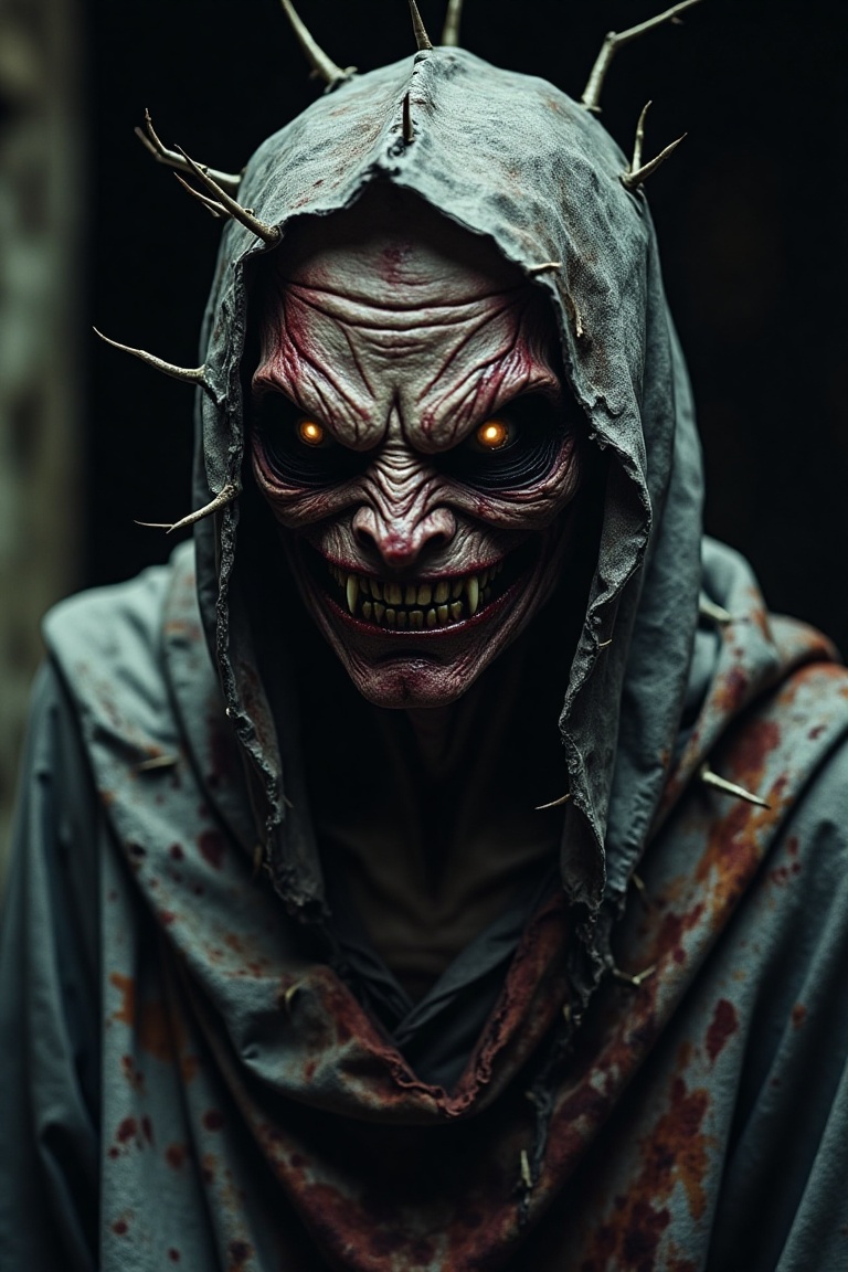 A close-up shot of a creepy,  thorny creature wearing a tattered,  blood-stained cloak. The creature's face is twisted wit...