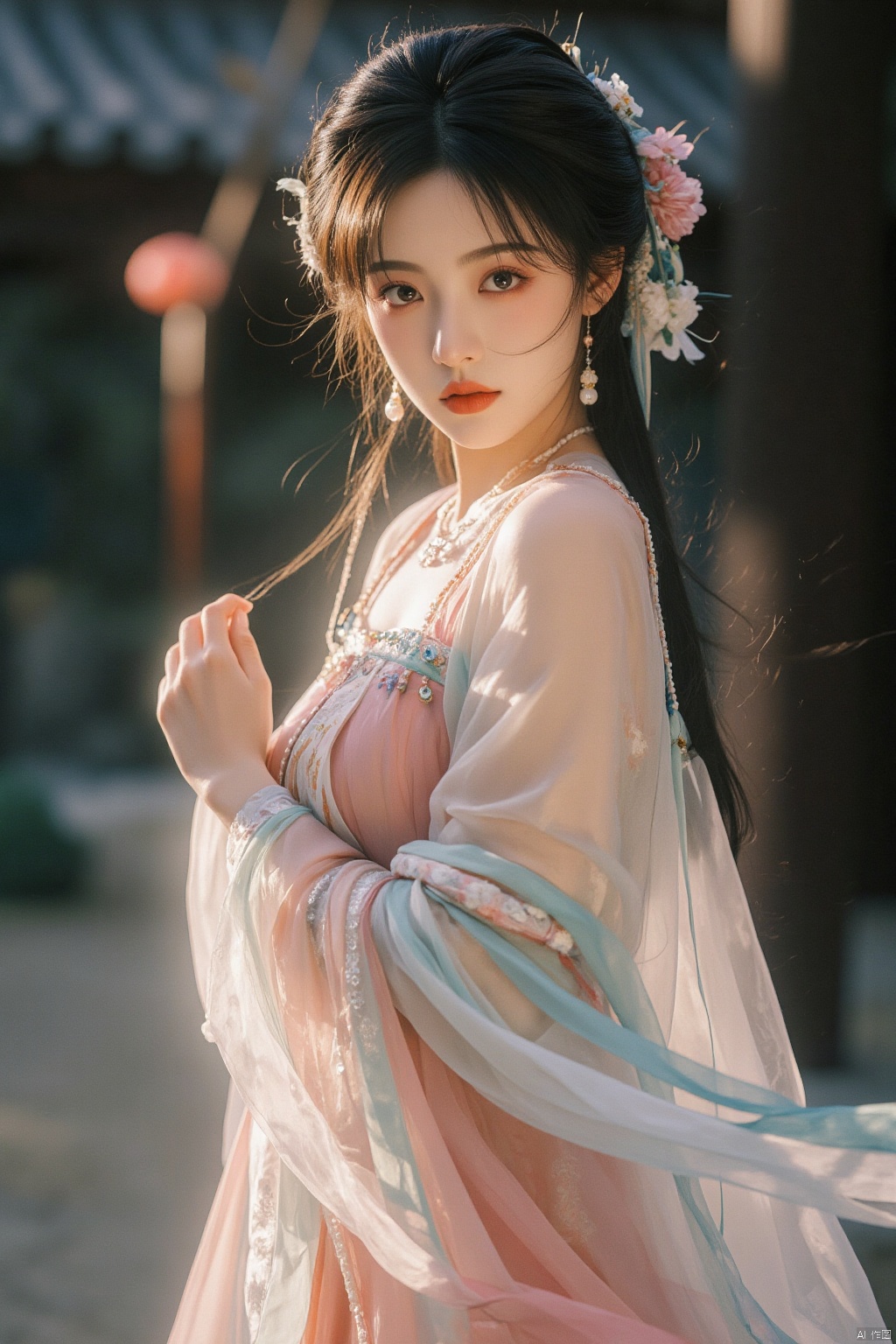(photorealistic, best quality, ultra high res, extremely detailed eyes and face:1.3),(1girl, solo:1.3),skirt,jewelry,long_hair,necklace,earrings,perfect body,standing,large breasts,looking at viewer,chinese clothes,china dress,hanfu,