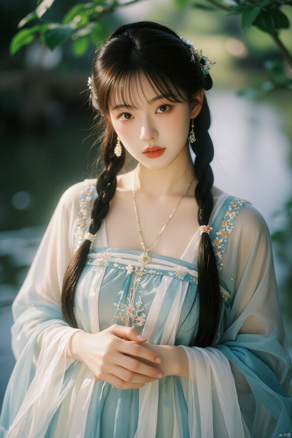 (photorealistic, best quality, ultra high res, extremely detailed eyes and face:1.3),(1girl, solo:1.3),skirt,jewelry,long_hair,necklace,earrings,perfect body,standing,large breasts,looking at viewer,chinese clothes,china dress,hanfu,
