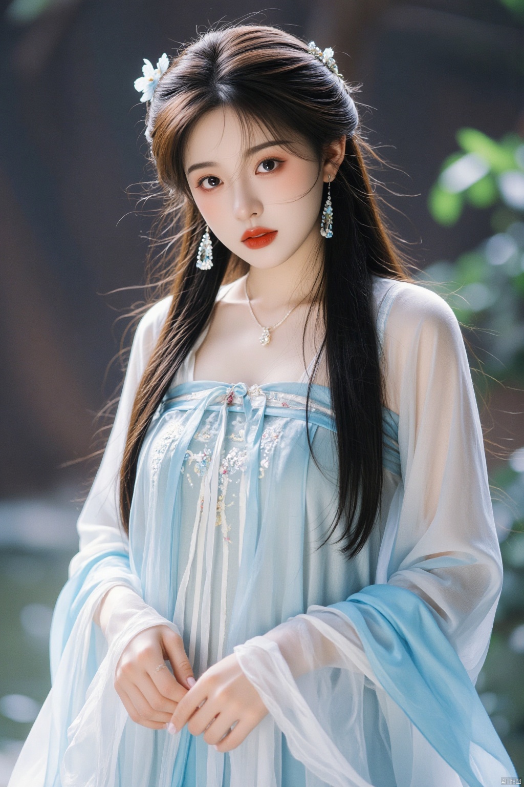 (photorealistic, best quality, ultra high res, extremely detailed eyes and face:1.3),(1girl, solo:1.3),skirt,jewelry,long_hair,necklace,earrings,perfect body,standing,large breasts,looking at viewer,chinese clothes,china dress,hanfu,