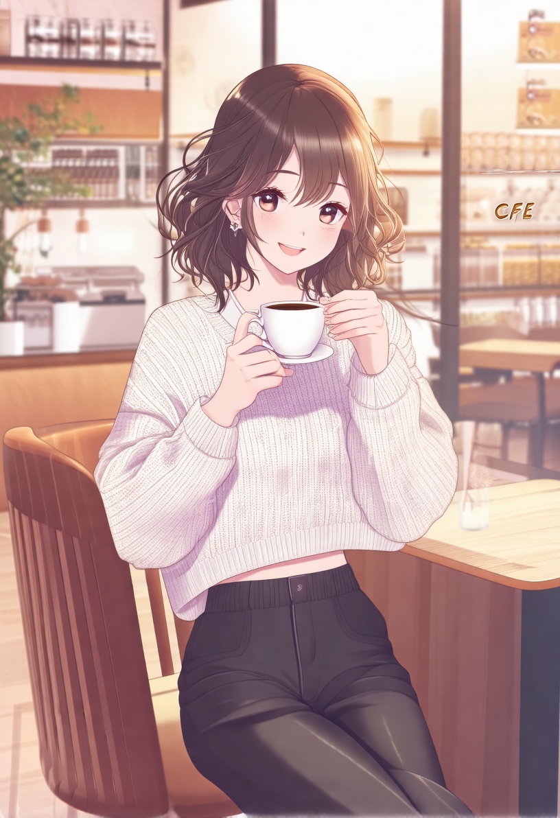 In a relaxed manhwa_style,  the girl dons a comfy cropped sweater and wide-legged pants,  her hair in soft curls as she si...