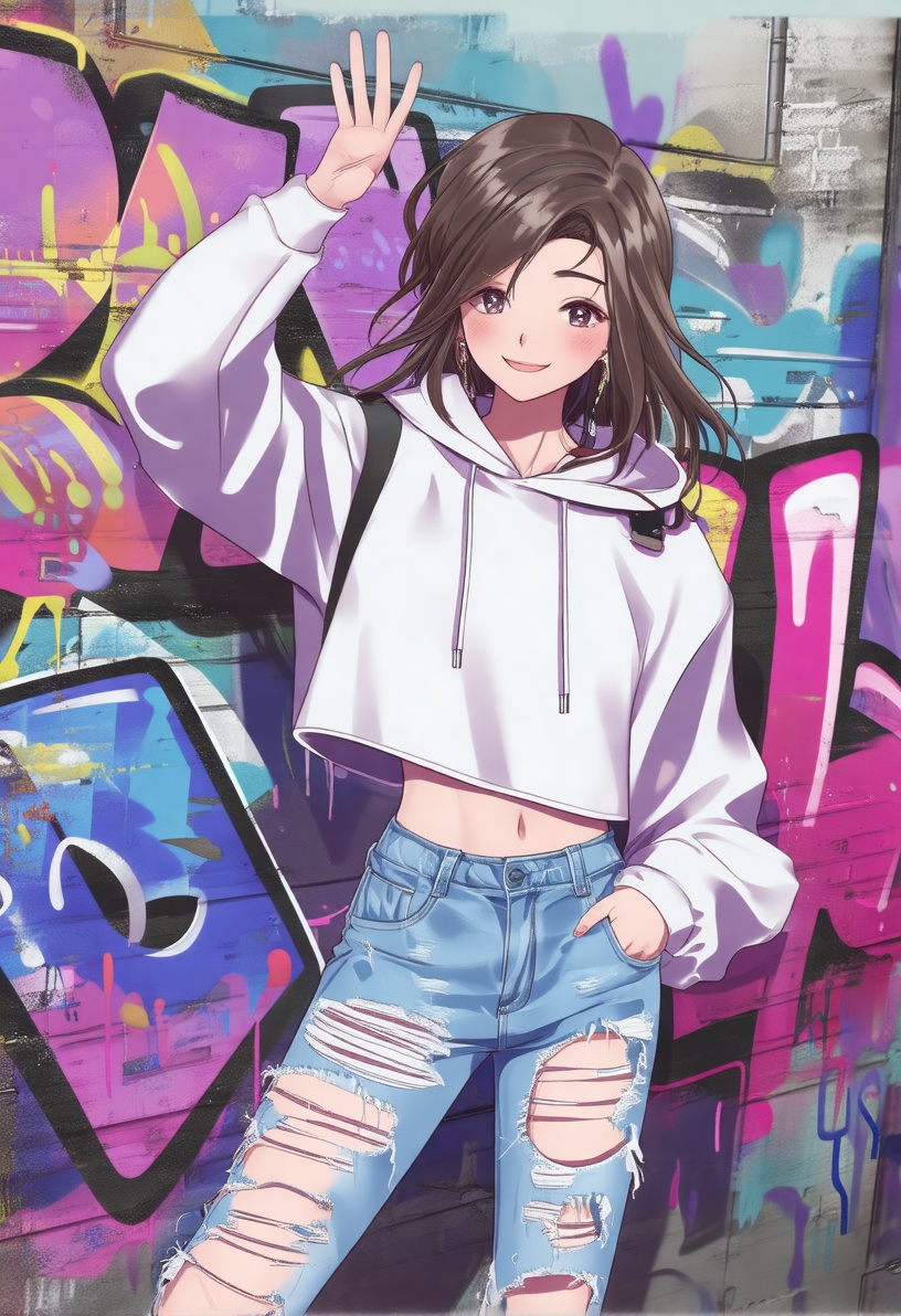 In a chic manhwa_style,  the girl wears a stylish cropped hoodie and ripped jeans,  her hair styled in loose waves as she...