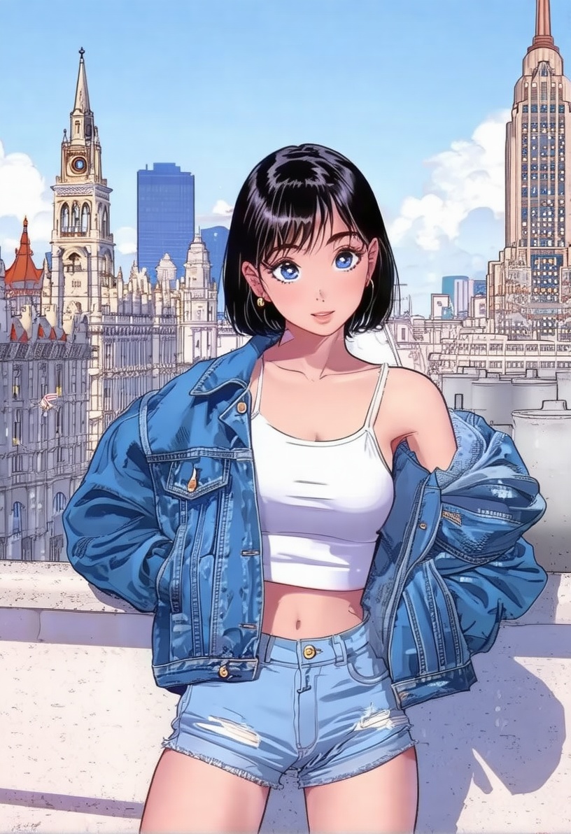 In a trendy manhwa_style,  the girl wears a chic cropped denim jacket over a fitted top and high-waisted shorts,  her hair...