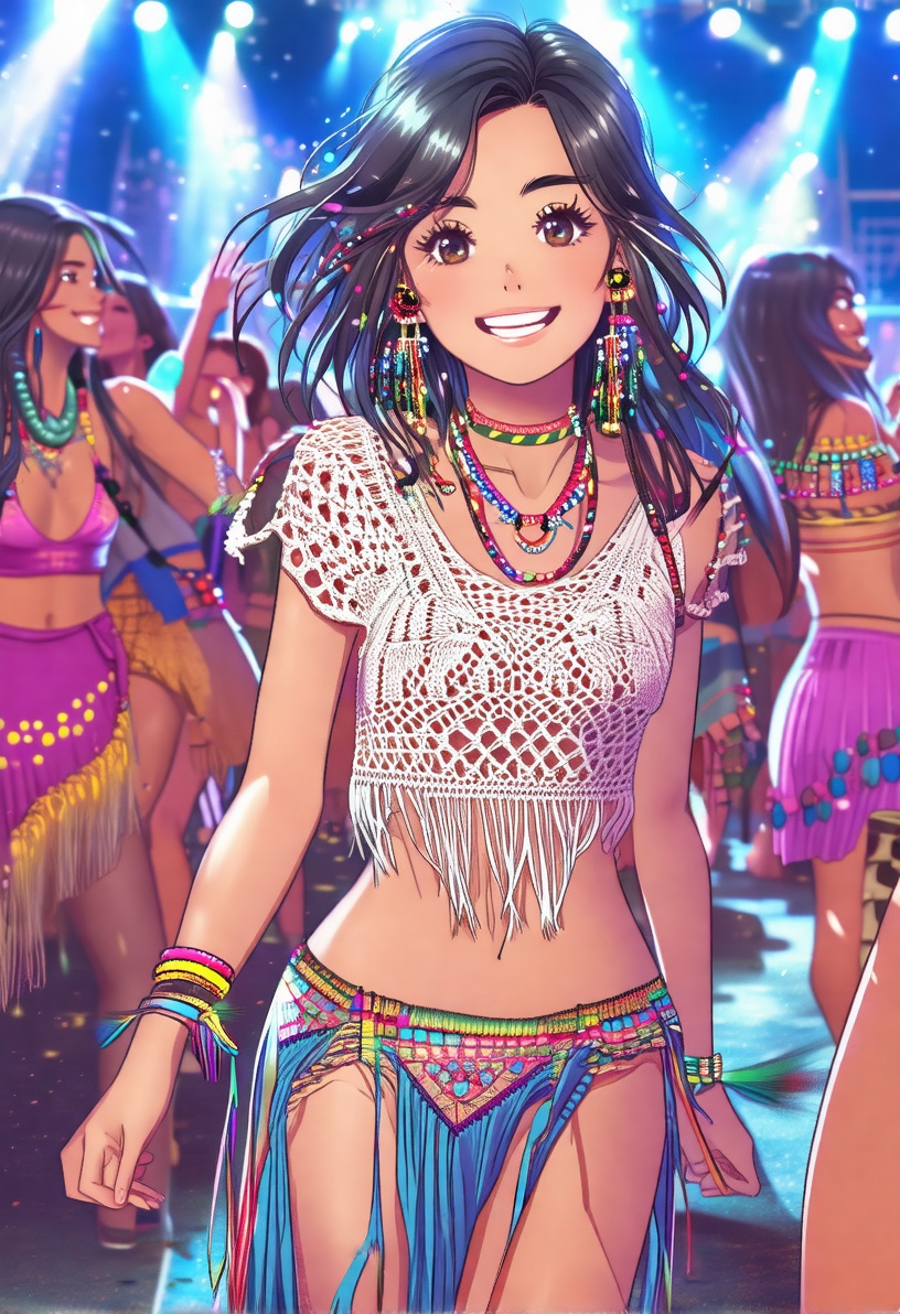 In a bohemian manhwa_style,  the girl flaunts a stylish cropped crochet top and a long,  flowing skirt on Tensor.Art