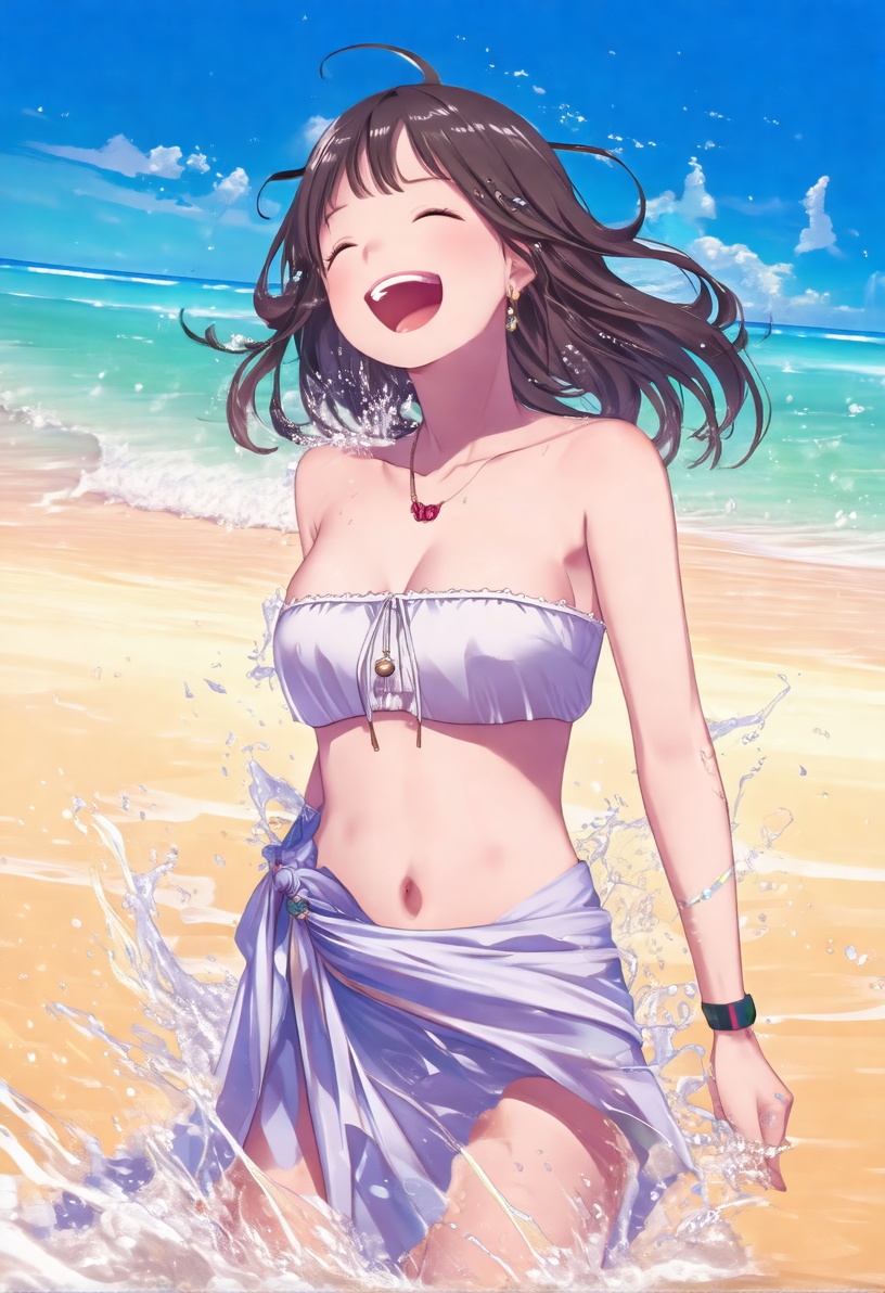 In a sunny manhwa_style,  the girl wears a cute cropped tube top paired with a flowing sarong,  her hair cascading down he...